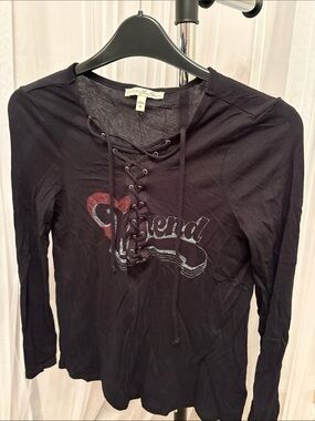 Express Black Long-Sleeve Lace-Up Tee with Red Heart Graphic